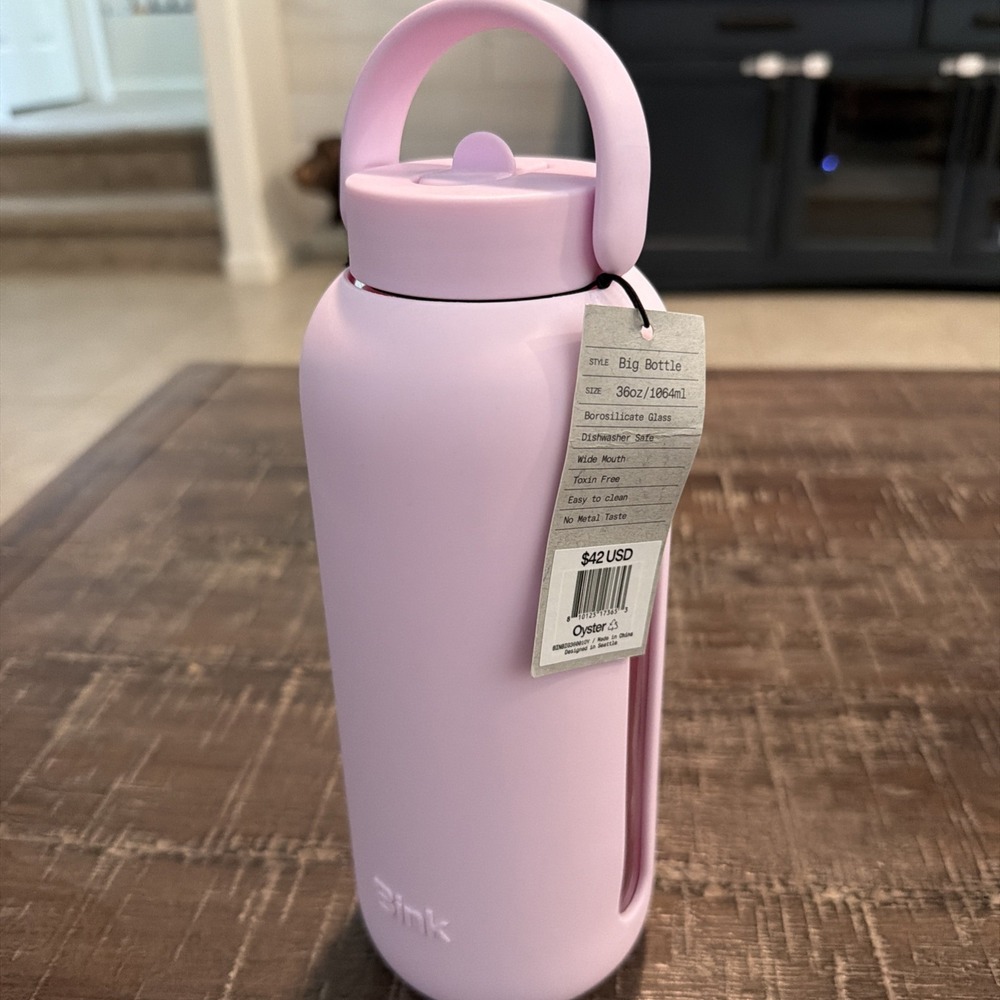 Bink 36 oz Big Water Bottle Flip Cap Lid w/straw Oyster Pink Borosilicate Glass
